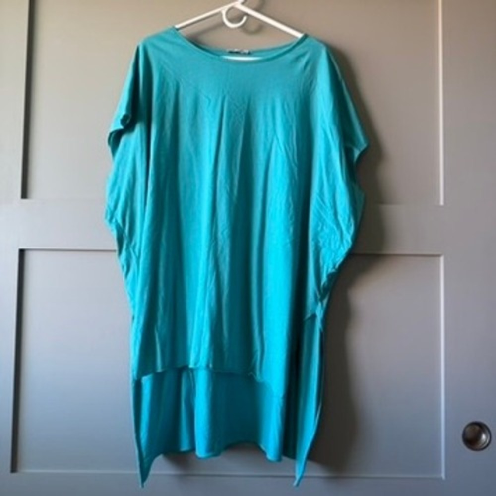 Tunic Top Womens One Size Turquoise Dolman High Low Hem Slits Made in Italy